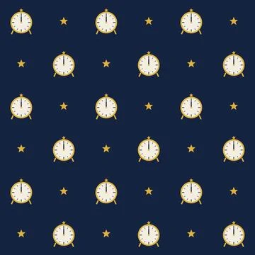 New Year midnight clock seamless pattern with golden alarm clocks showing twelve Stock Illustration