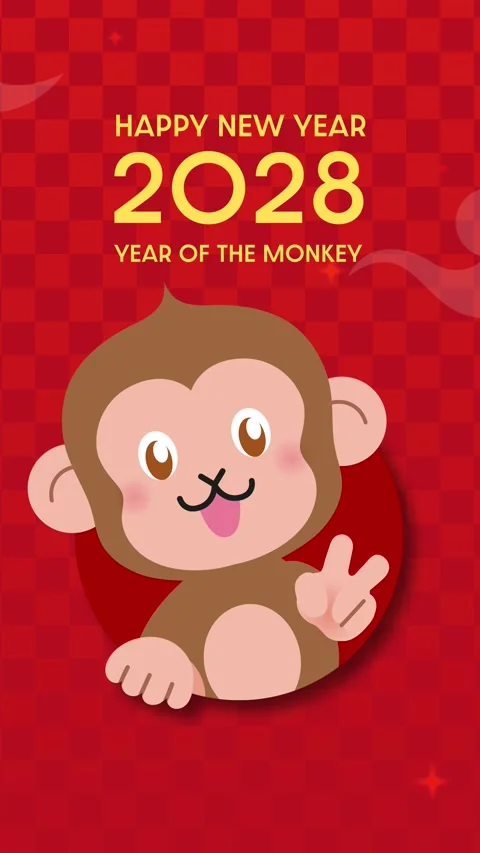 New Year of the Monkey 2028 cute vertical animation Stock Footage 346401460