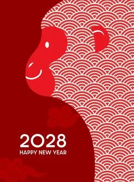 New Year of the Monkey vertical postcard template with a macaque profile view Illustrazione stock