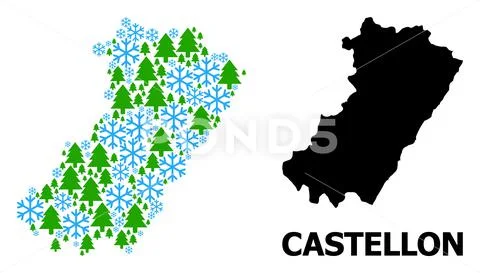 New Year Mosaic Map of Castellon Province with Snow Flakes and Fir Forest Stock Illustration
