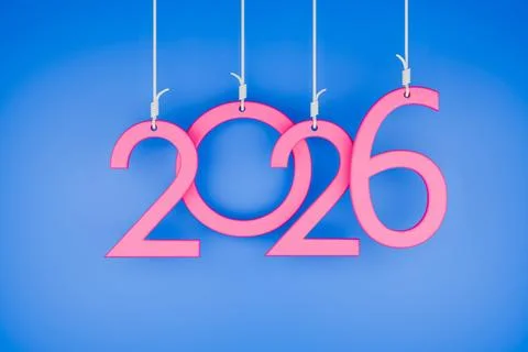 New Year numbers 2026 hanging on strings against a blue background 스톡 일러스트
