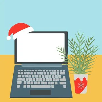 New Year or Christmas. Computer, space for text.Christmas decorations and dec Stock Illustration
