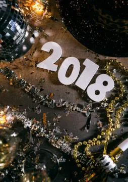 New Year: Overhead View Of 2018 With Disco Ball And Party Hat Stock Photos