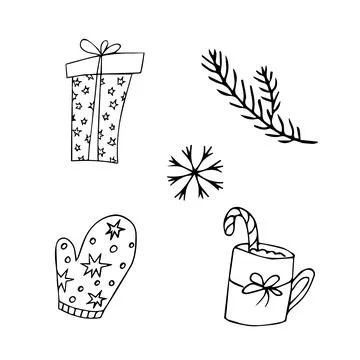 New year party doodle elements in black isolated over white background. New.. Illustrazione stock