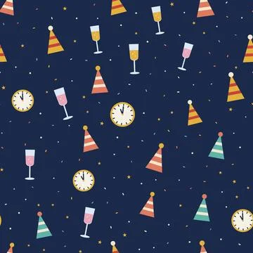 New Year party seamless pattern with champagne glasses, party hats, clocks and Stock Illustration