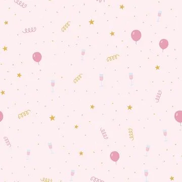 New Year party seamless pattern with champagne glasses, balloons, stars, Stock Illustration