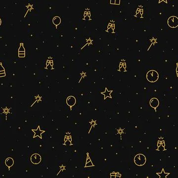 New Year party seamless pattern with gold line icons of champagne glasses, Stock Illustration