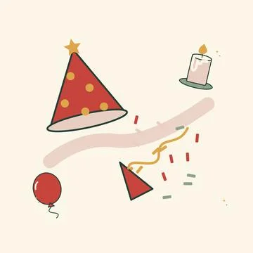 New Year party table decoration objects. Decorative flat vector composition w Stock Illustration