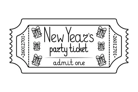 New Year party ticket admit one. Gift boxes. Sketch. Vector illustration. Illustration