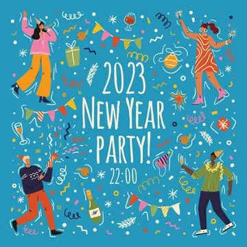 New Year party vector poster. People celebrating new year and dancing Stock Illustration