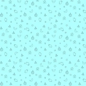 New Year pattern on a blue background. Christmas tree, tinsel, ball, house, moon Stock Illustration