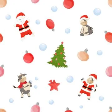 New Year Pattern With Bulls and Snowmen Stock Illustration