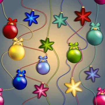 New year pattern with christmas tree toys. ball and star. beads garland Stock Illustration