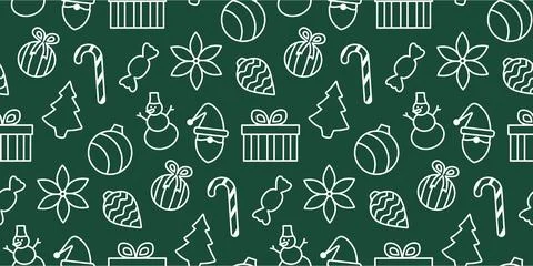 New Year Pattern Contour icons on green background. Seamless print Outline Stock Illustration