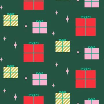 New Year pattern gift wrap design. Christmas pink red gift boxes decor orname 스톡 일러스트