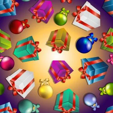 New year pattern with gifts and christmas tree toys. Stock Illustration