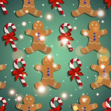 New year pattern with the gingerbread man and candy striped 스톡 일러스트