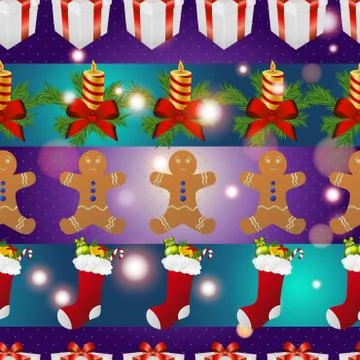 New year pattern with gingerbread man gift, christmas candle and socks for gi Stock Illustration