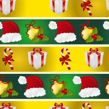New year pattern with santa hat, gift, christmas tree toys, and striped candy 스톡 일러스트