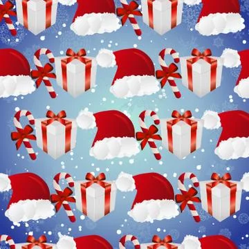 New year pattern with santa hat, gift and striped candy イラスト素材