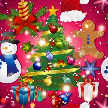 New year pattern with snowman, christmas tree toy, gingerbread man. gift and  Illustrazione stock