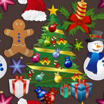 New year pattern with snowman, christmas tree toy, gingerbread man. gift and  Illustrazione stock