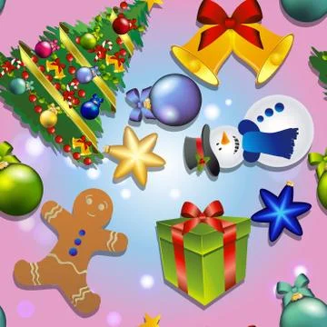 New year pattern with snowman, christmas tree, gingerbread man. gift and bell Illustrazione stock