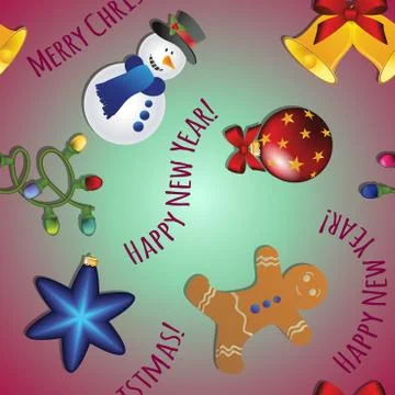 New year pattern with snowman, gingerbread man, bell, garland and christmas t Stock Illustration