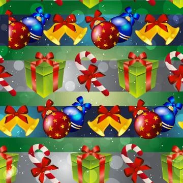 New year pattern with tree toys, gift, striped candy and christmas bell Stock Illustration