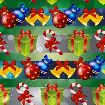 New year pattern with tree toys, gift, striped candy and christmas bell Stock Illustration