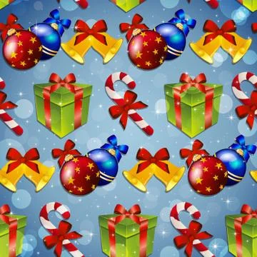 New year pattern with tree toys, gift, striped candy and christmas bell Stock Illustration