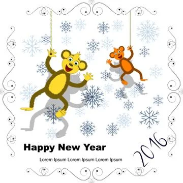 New year Postcard with two monkeys and snowflakes in openwork frame Stock Illustration