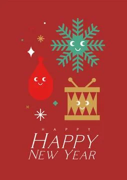 New year poster with smiling elements red イラスト素材