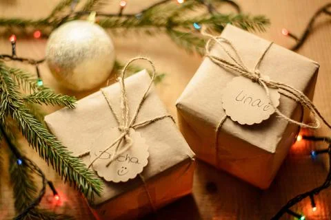 New year present boxes, christmas bauble Stock Photos