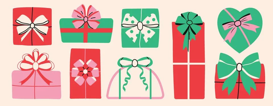 New year present set. Set of gift boxes different shapes and sizes. Boxes w.. Stockillustratie