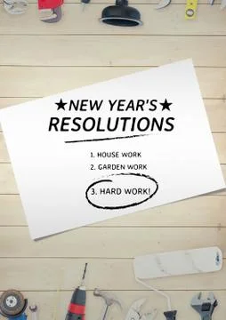 New year resolution goals with tools on wooden table Fotos Stock