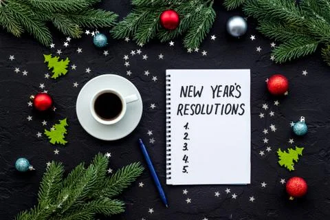 New Year Resolutions. Flat lay with Christmas decorations. Overhead view Stock Photos