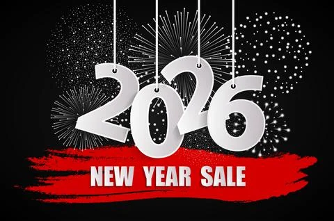 New Year sale 2026 black concept with fireworks. Christmas and Chinese New Year Иллюстрация