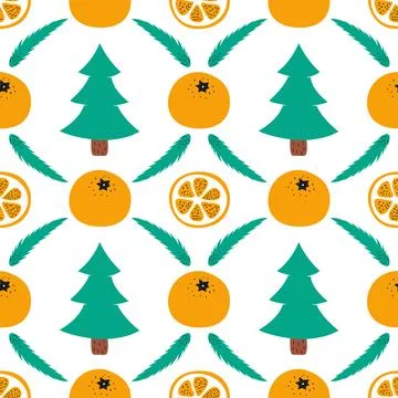 New Year seamless bright pattern with tangerines, Christmas tree and Christmas Stock Illustration