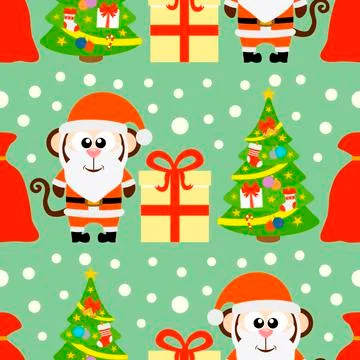 New Year seamless card with monkey Santa Claus and Christmas tree Stock Illustration