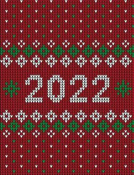 New Year Seamless Knitted Pattern with number 2022. Knitting Sweater Design.  Illustrazione stock