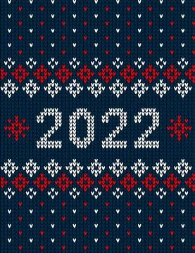 New Year Seamless Knitted Pattern with number 2022. Knitting Sweater Design.  Illustrazione stock