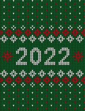 New Year Seamless Knitted Pattern with number 2022. Knitting Sweater Design.  Illustrazione stock