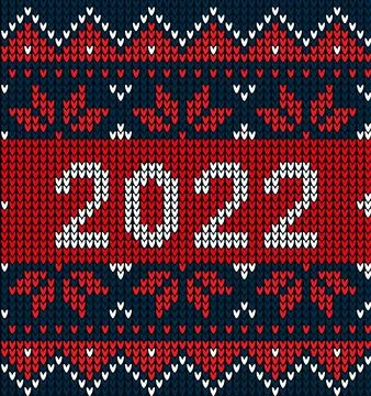 New Year Seamless Knitted Pattern with number 2022. Knitting Sweater Design.  Illustrazione stock