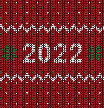 New Year Seamless Knitted Pattern with number 2022. Knitting Sweater Design.  Illustrazione stock