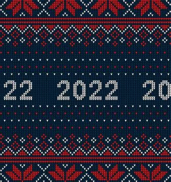 New Year Seamless Knitted Pattern with number 2022. Knitting Sweater Design.  Illustrazione stock