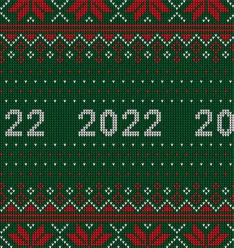 New Year Seamless Knitted Pattern with number 2022. Knitting Sweater Design.  Illustrazione stock