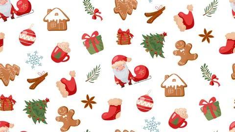 New Year seamless pattern in cartoon style. Isolated on white background Stock Illustration