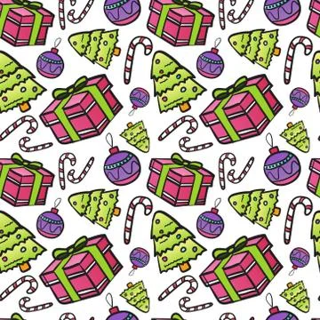 New Year Seamless Pattern With Christmas Tree Candies And Gifts On White Illustrazione stock
