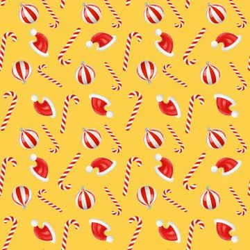 New Year seamless pattern of Christmas toys on a yellow background 3d render イラスト素材